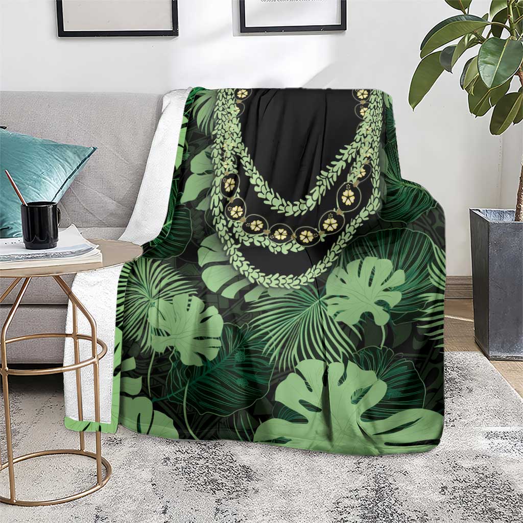 Green Hawaii Kukui Nut Lei Blanket Hawaiian Pattern Monstera Tropical Vibes - Polynesian Pride