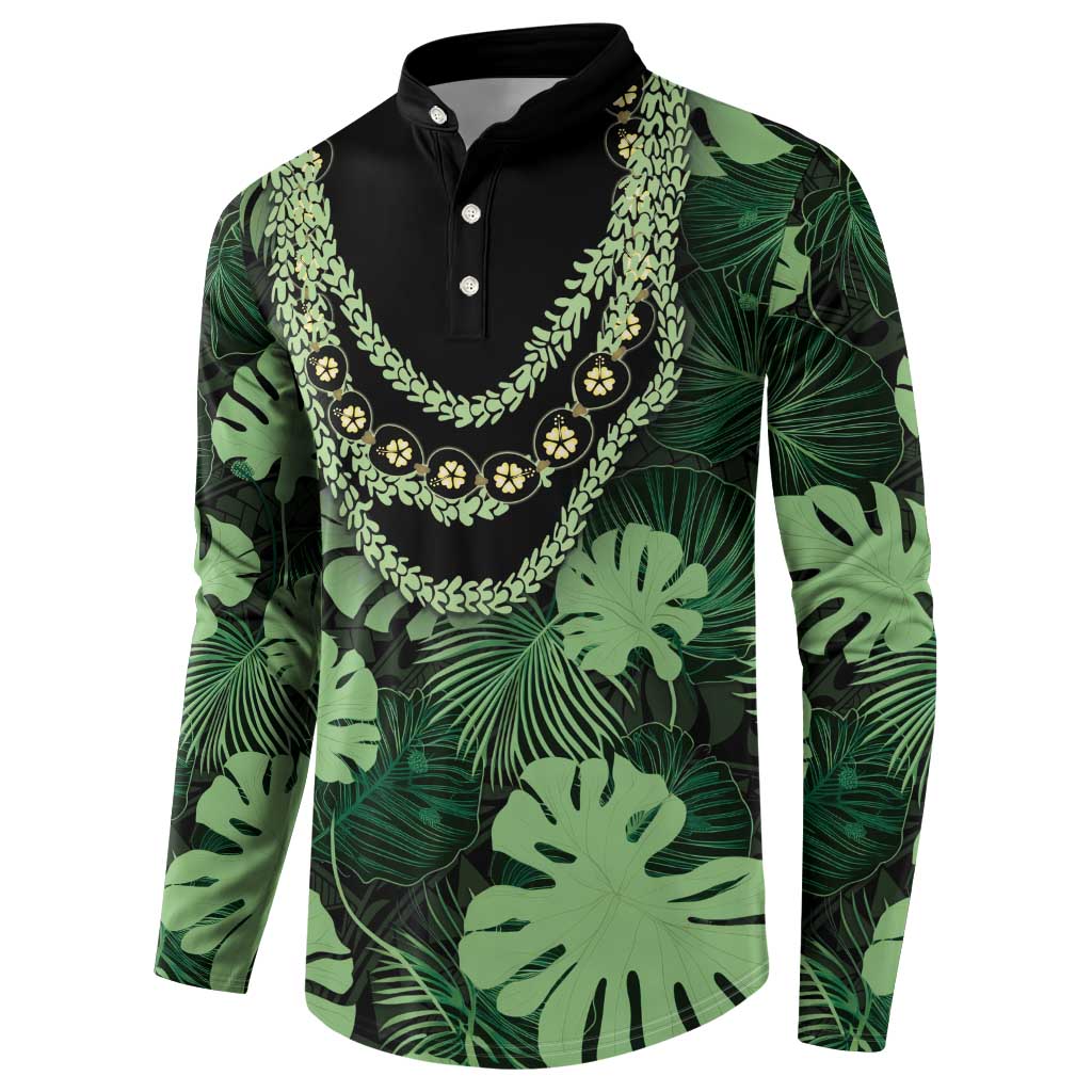 Green Hawaii Kukui Nut Lei Button Sweatshirt Hawaiian Pattern Monstera Tropical Vibes - Polynesian Pride