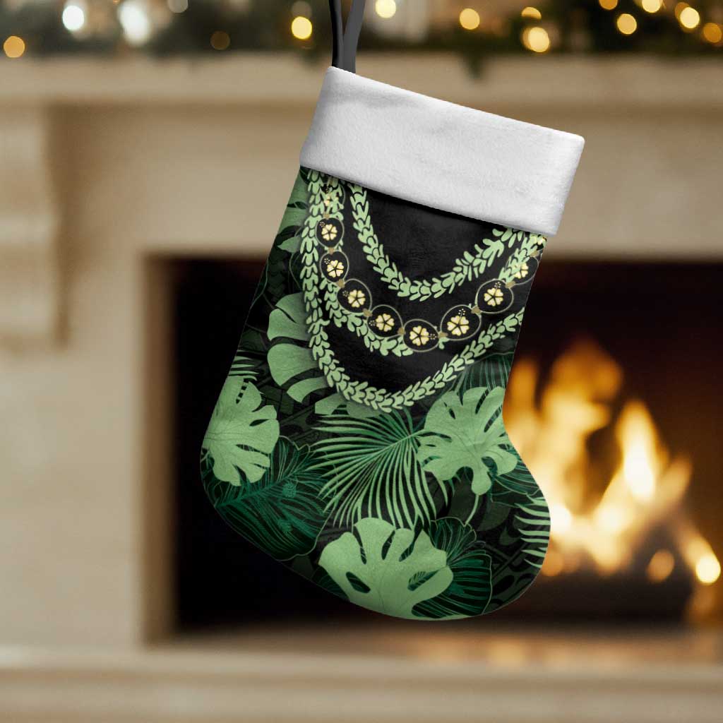 Green Hawaii Kukui Nut Lei Christmas Stocking Hawaiian Pattern Monstera Tropical Vibes - Polynesian Pride