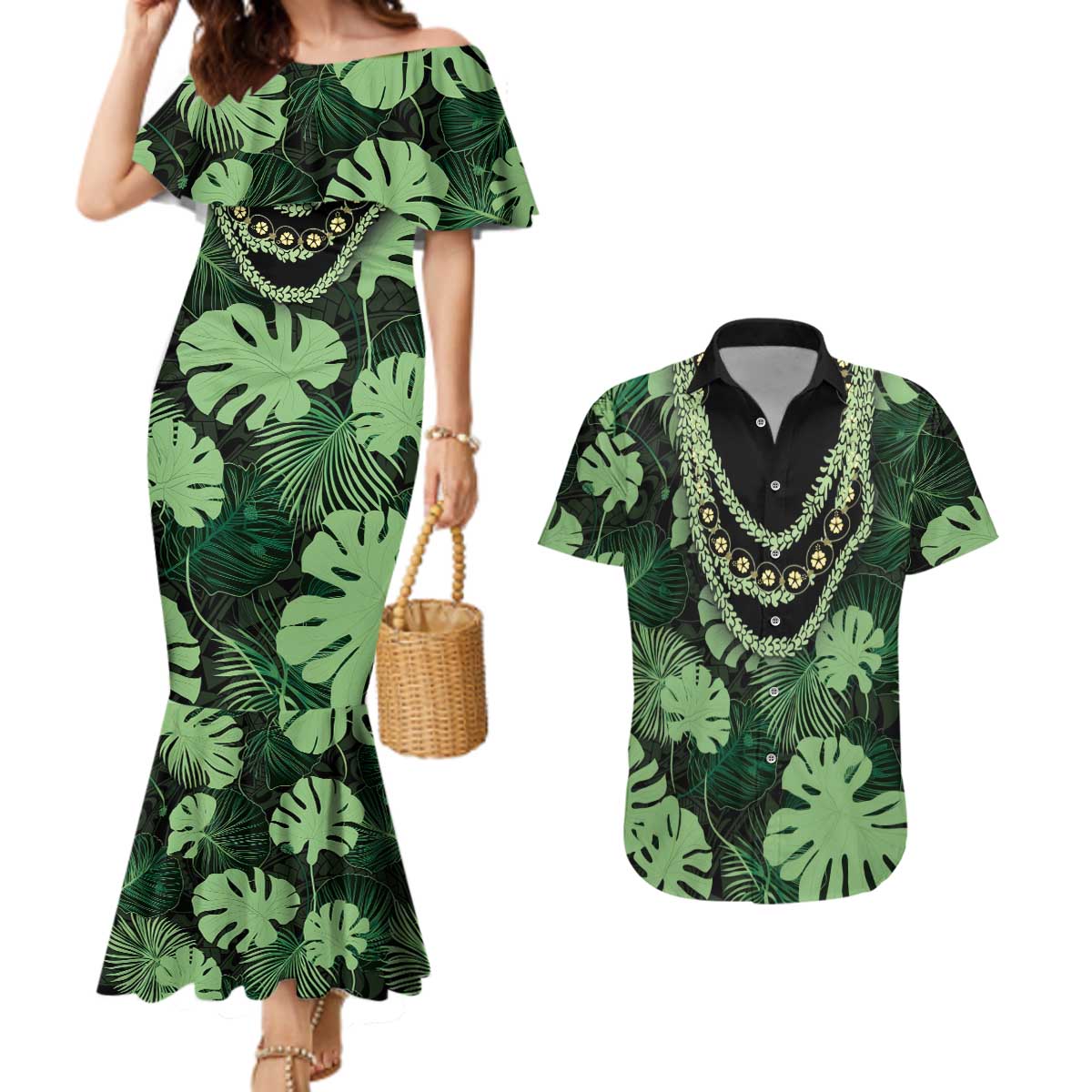 Green Hawaii Kukui Nut Lei Couples Matching Mermaid Dress and Hawaiian Shirt Hawaiian Pattern Monstera Tropical Vibes - Polynesian Pride