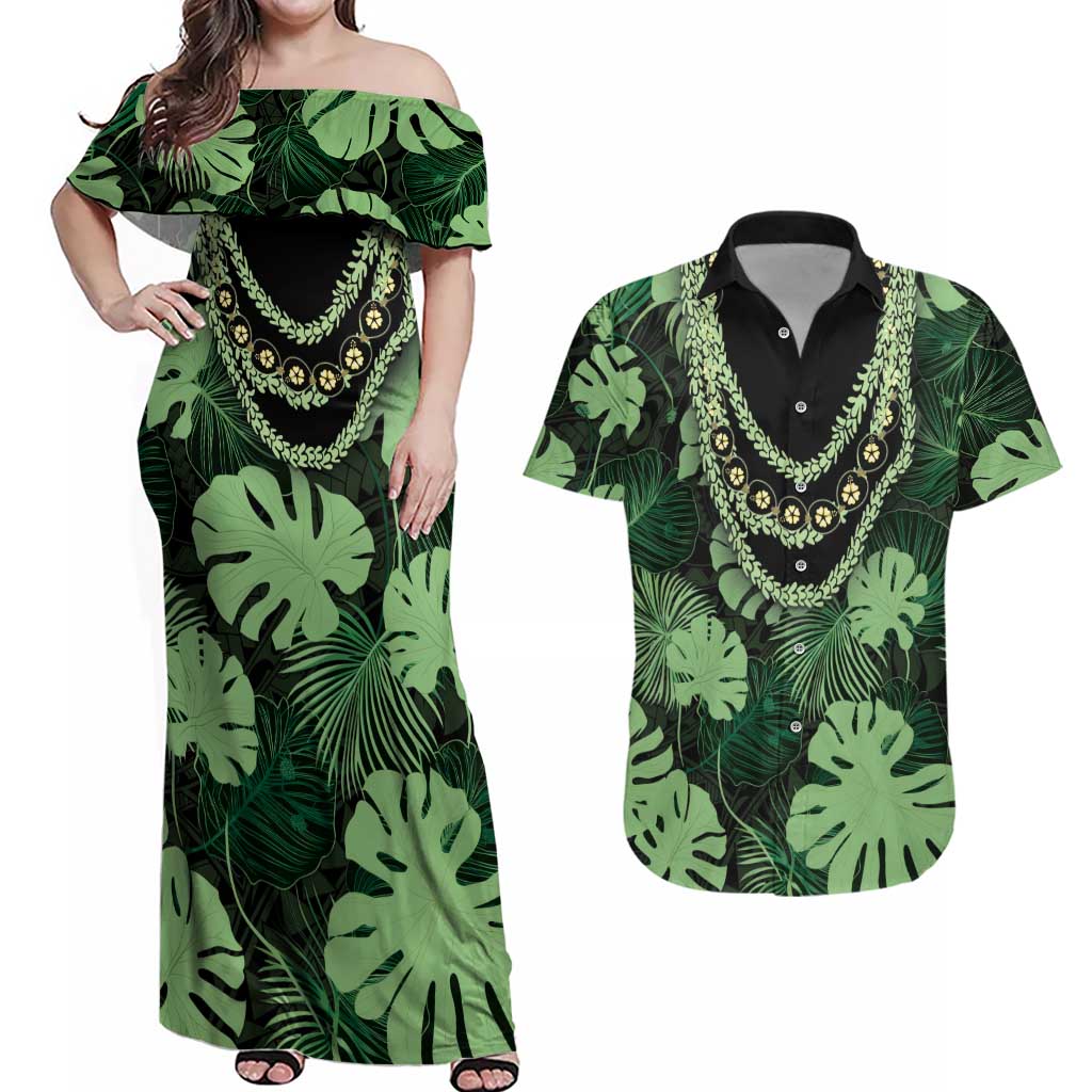 Green Hawaii Kukui Nut Lei Couples Matching Off Shoulder Maxi Dress and Hawaiian Shirt Hawaiian Pattern Monstera Tropical Vibes - Polynesian Pride