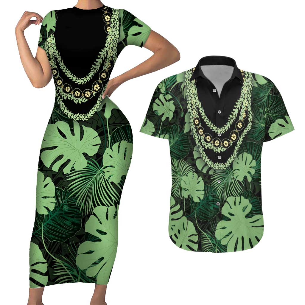 Green Hawaii Kukui Nut Lei Couples Matching Short Sleeve Bodycon Dress and Hawaiian Shirt Hawaiian Pattern Monstera Tropical Vibes - Polynesian Pride