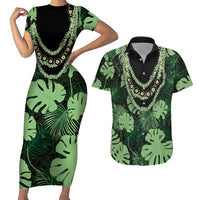 Green Hawaii Kukui Nut Lei Couples Matching Short Sleeve Bodycon Dress and Hawaiian Shirt Hawaiian Pattern Monstera Tropical Vibes - Polynesian Pride