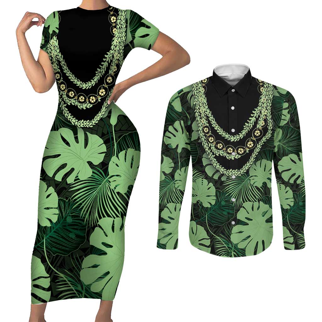 Green Hawaii Kukui Nut Lei Couples Matching Short Sleeve Bodycon Dress and Long Sleeve Button Shirt Hawaiian Pattern Monstera Tropical Vibes - Polynesian Pride