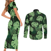 Green Hawaii Kukui Nut Lei Couples Matching Short Sleeve Bodycon Dress and Long Sleeve Button Shirt Hawaiian Pattern Monstera Tropical Vibes - Polynesian Pride