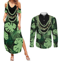 Green Hawaii Kukui Nut Lei Couples Matching Summer Maxi Dress and Long Sleeve Button Shirt Hawaiian Pattern Monstera Tropical Vibes - Polynesian Pride