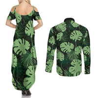 Green Hawaii Kukui Nut Lei Couples Matching Summer Maxi Dress and Long Sleeve Button Shirt Hawaiian Pattern Monstera Tropical Vibes - Polynesian Pride
