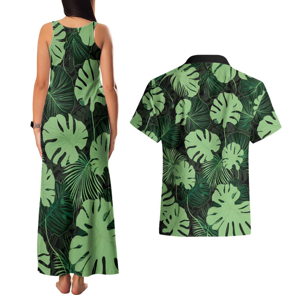 Green Hawaii Kukui Nut Lei Couples Matching Tank Maxi Dress and Hawaiian Shirt Hawaiian Pattern Monstera Tropical Vibes - Polynesian Pride