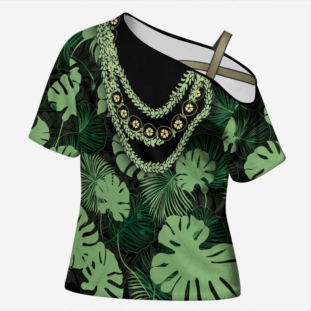 Green Hawaii Kukui Nut Lei Cross Shoulder Shirt Hawaiian Pattern Monstera Tropical Vibes - Polynesian Pride