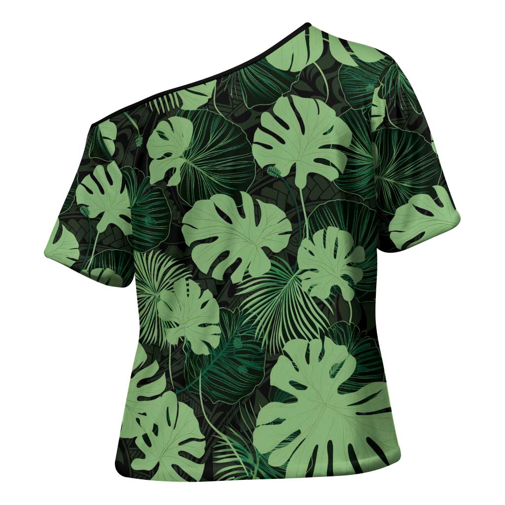 Green Hawaii Kukui Nut Lei Cross Shoulder Shirt Hawaiian Pattern Monstera Tropical Vibes - Polynesian Pride