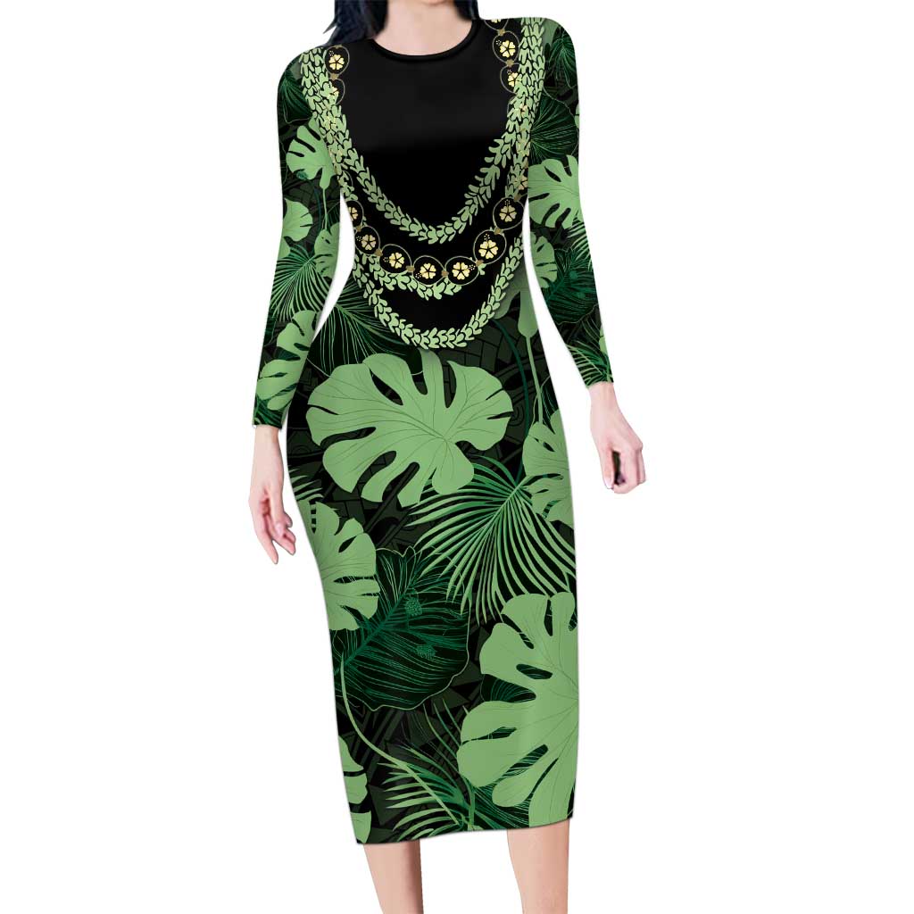 Green Hawaii Kukui Nut Lei Family Matching Long Sleeve Bodycon Dress and Hawaiian Shirt Hawaiian Pattern Monstera Tropical Vibes - Polynesian Pride