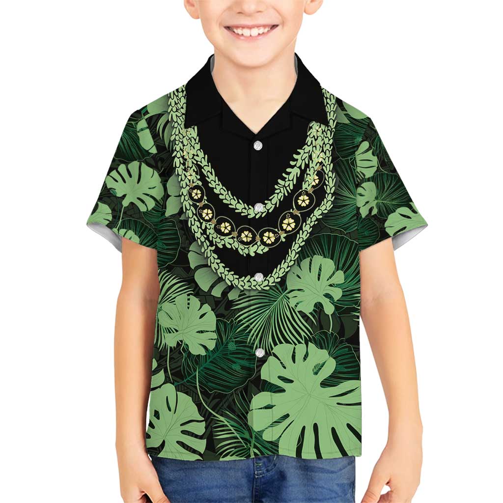 Green Hawaii Kukui Nut Lei Family Matching Long Sleeve Bodycon Dress and Hawaiian Shirt Hawaiian Pattern Monstera Tropical Vibes - Polynesian Pride