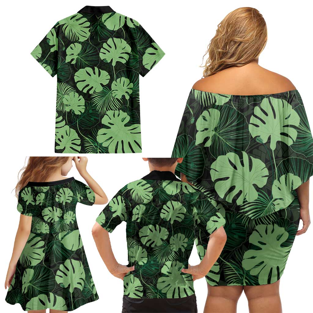 Green Hawaii Kukui Nut Lei Family Matching Off Shoulder Short Dress and Hawaiian Shirt Hawaiian Pattern Monstera Tropical Vibes - Polynesian Pride