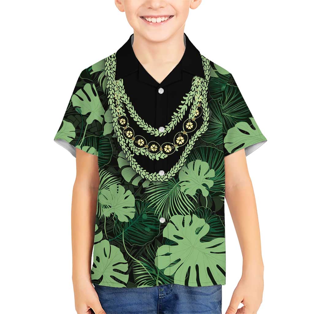 Green Hawaii Kukui Nut Lei Family Matching Off Shoulder Short Dress and Hawaiian Shirt Hawaiian Pattern Monstera Tropical Vibes - Polynesian Pride