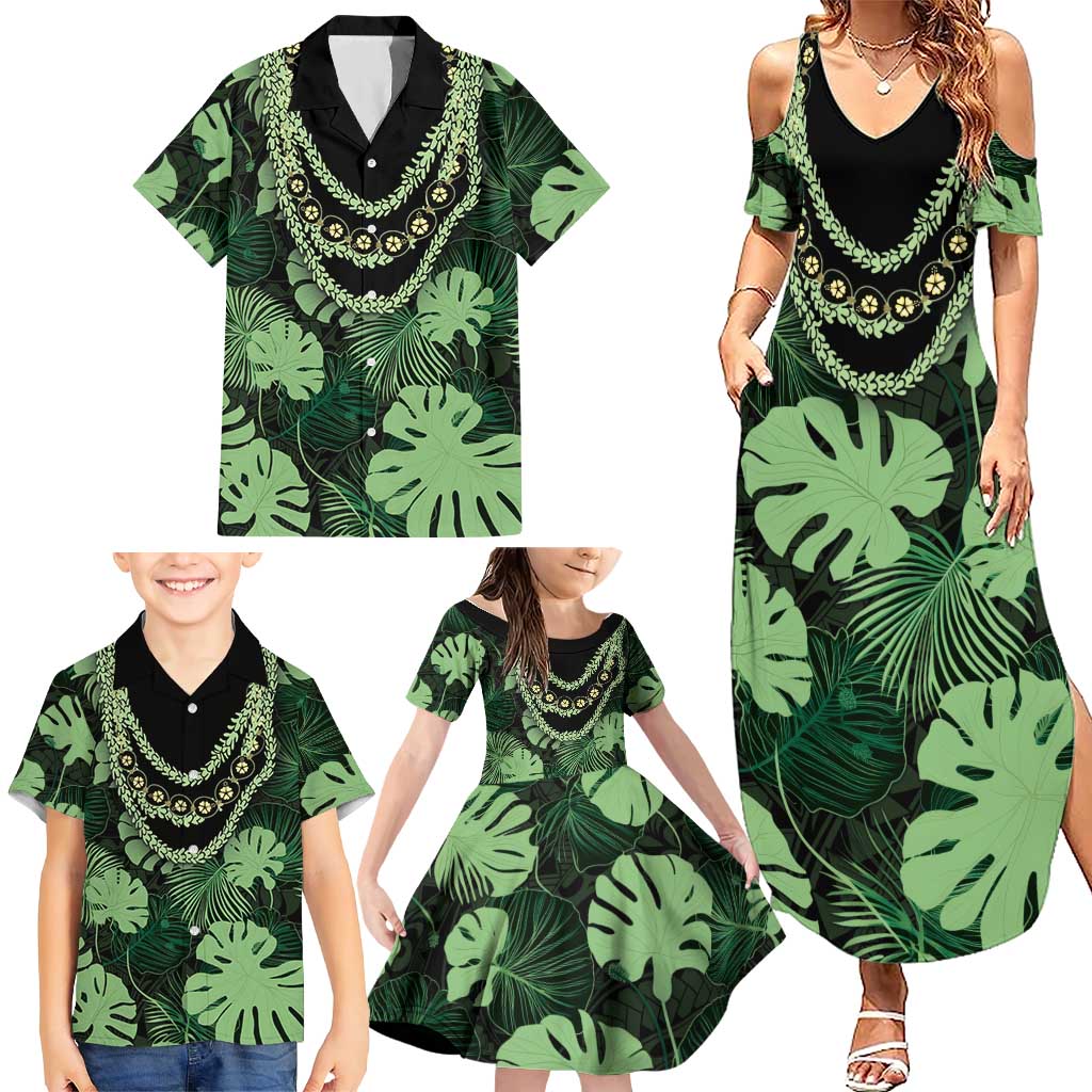 Green Hawaii Kukui Nut Lei Family Matching Summer Maxi Dress and Hawaiian Shirt Hawaiian Pattern Monstera Tropical Vibes - Polynesian Pride