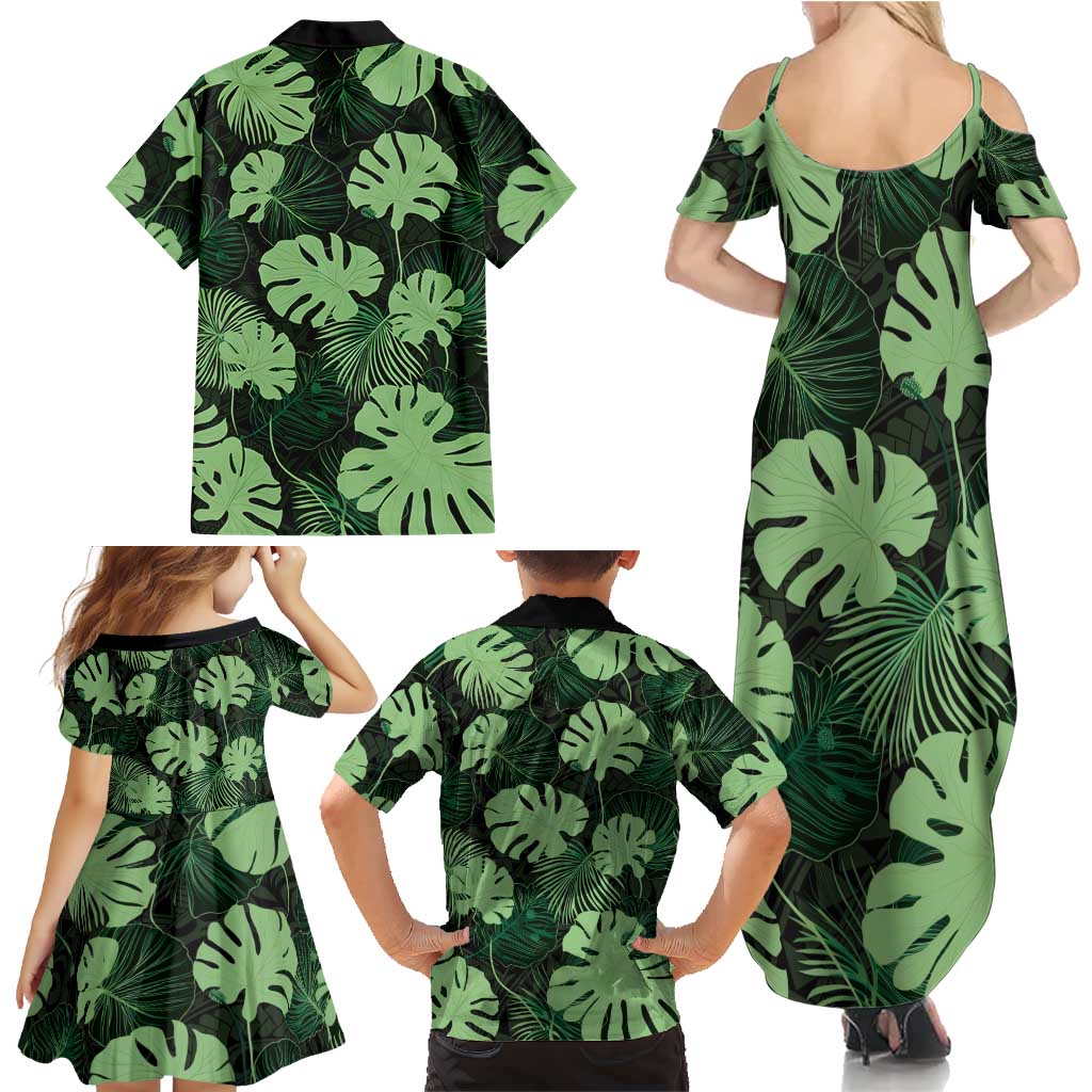Green Hawaii Kukui Nut Lei Family Matching Summer Maxi Dress and Hawaiian Shirt Hawaiian Pattern Monstera Tropical Vibes - Polynesian Pride