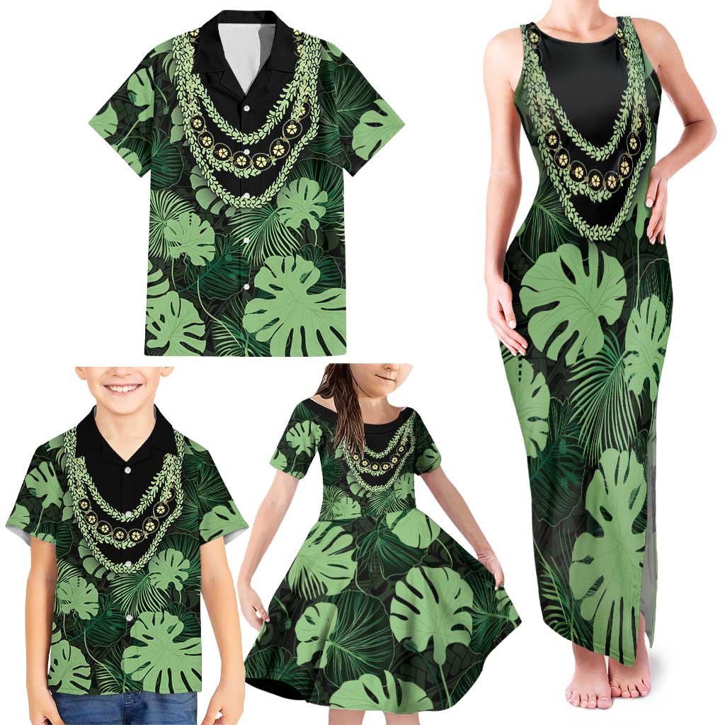 Green Hawaii Kukui Nut Lei Family Matching Tank Maxi Dress and Hawaiian Shirt Hawaiian Pattern Monstera Tropical Vibes - Polynesian Pride