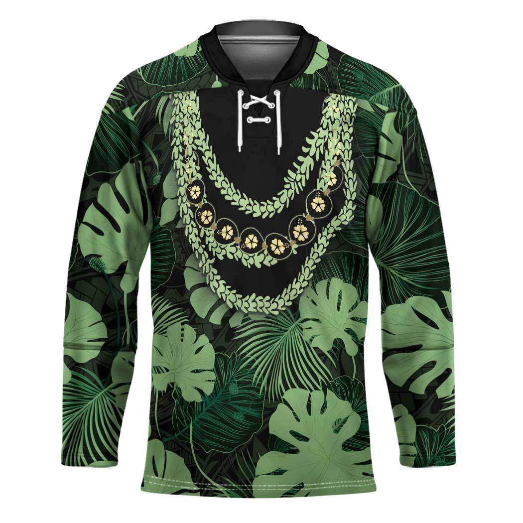 Green Hawaii Kukui Nut Lei Hockey Jersey Hawaiian Pattern Monstera Tropical Vibes - Polynesian Pride