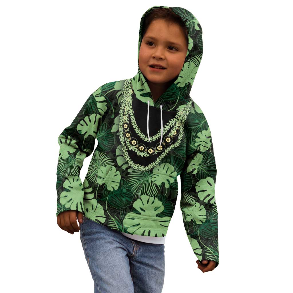 Green Hawaii Kukui Nut Lei Kid Hoodie Hawaiian Pattern Monstera Tropical Vibes - Polynesian Pride
