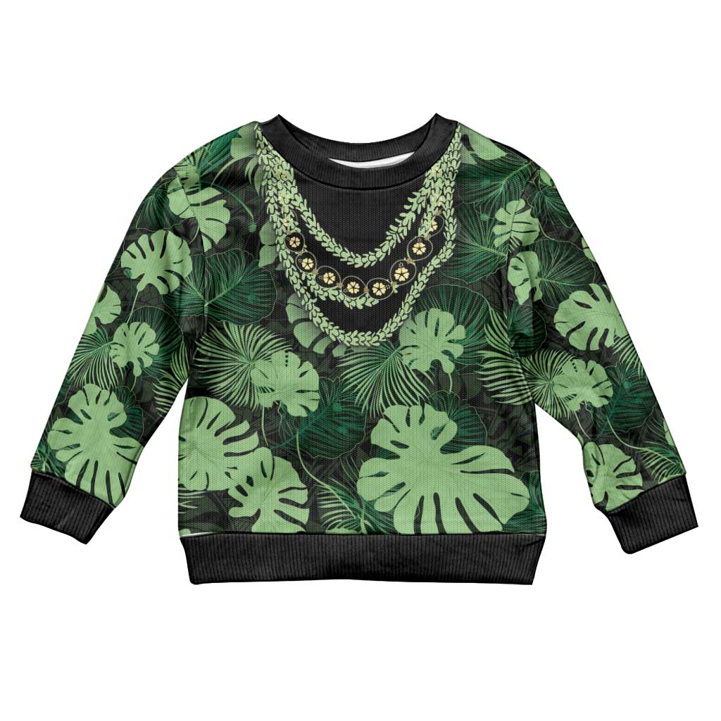 Green Hawaii Kukui Nut Lei Kid Ugly Christmas Sweater Hawaiian Pattern Monstera Tropical Vibes - Polynesian Pride