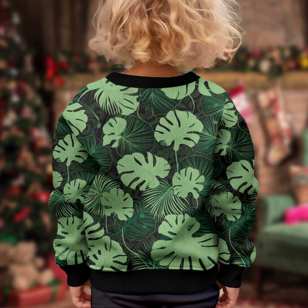 Green Hawaii Kukui Nut Lei Kid Ugly Christmas Sweater Hawaiian Pattern Monstera Tropical Vibes - Polynesian Pride