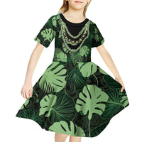 Green Hawaii Kukui Nut Lei Kid Short Sleeve Dress Hawaiian Pattern Monstera Tropical Vibes - Polynesian Pride