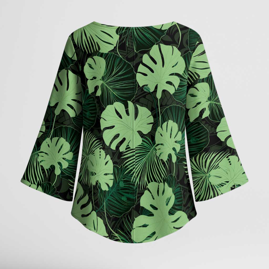 Green Hawaii Kukui Nut Lei Kimono Sleeve Blouse Hawaiian Pattern Monstera Tropical Vibes - Polynesian Pride