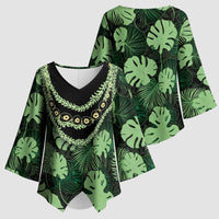 Green Hawaii Kukui Nut Lei Kimono Sleeve Blouse Hawaiian Pattern Monstera Tropical Vibes - Polynesian Pride