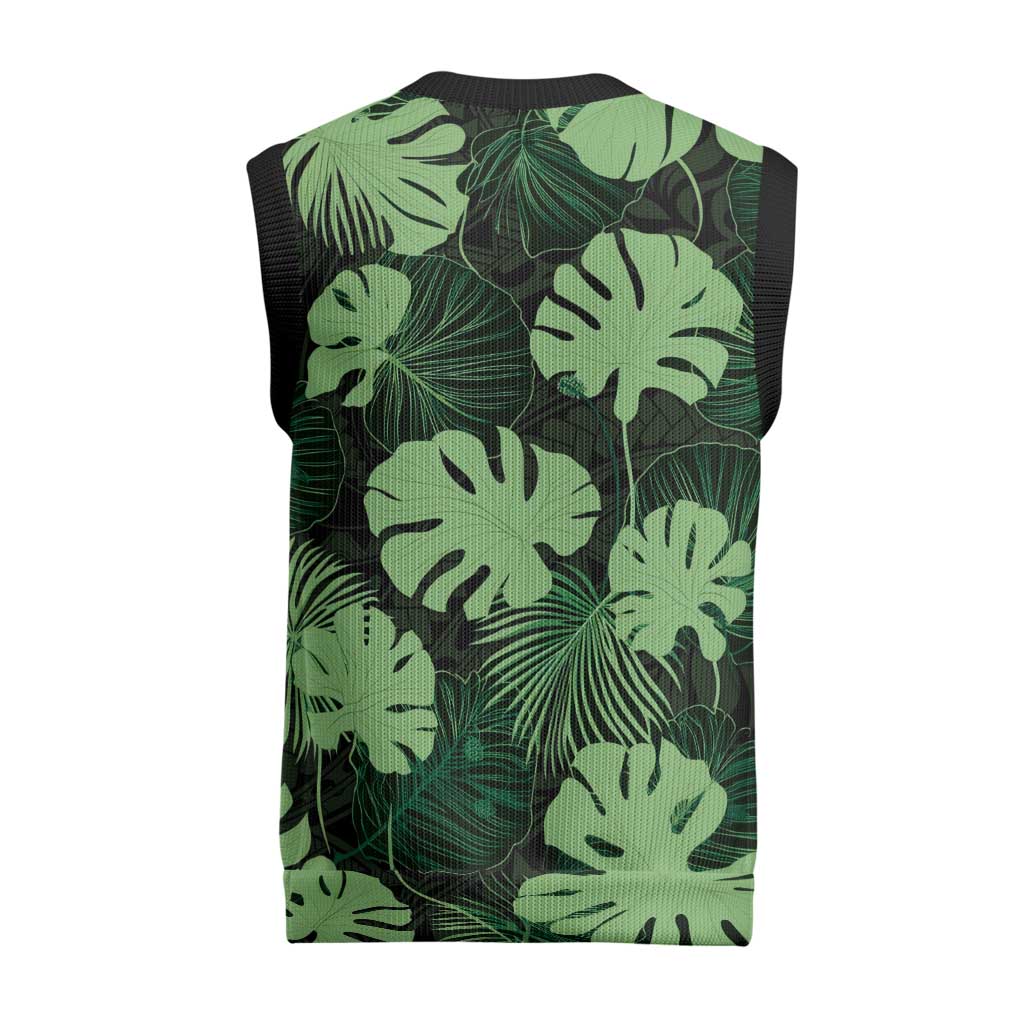 Green Hawaii Kukui Nut Lei Christmas Knitted V-Neck Vest Hawaiian Pattern Monstera Tropical Vibes - Polynesian Pride