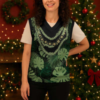 Green Hawaii Kukui Nut Lei Christmas Knitted V-Neck Vest Hawaiian Pattern Monstera Tropical Vibes - Polynesian Pride