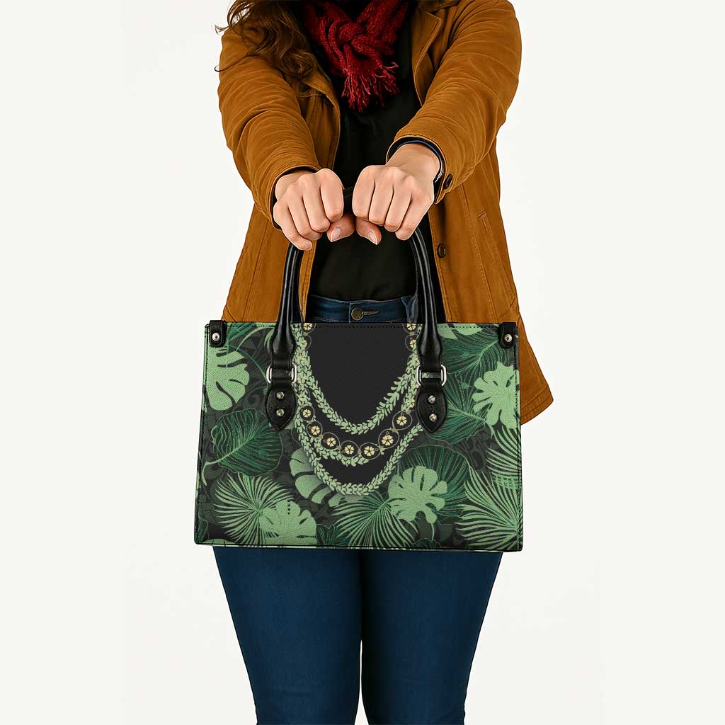 Green Hawaii Kukui Nut Lei Leather Bag Hawaiian Pattern Monstera Tropical Vibes LT14 - Polynesian Pride