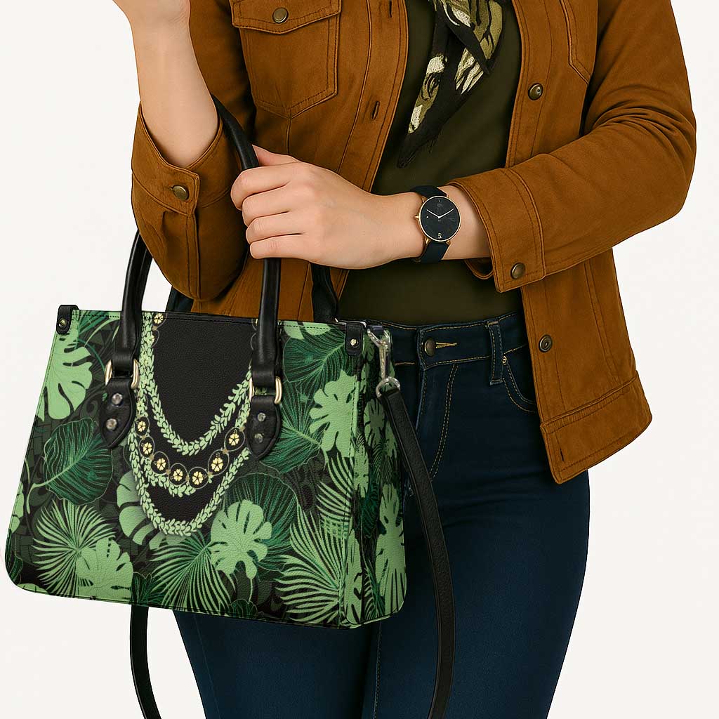 Green Hawaii Kukui Nut Lei Leather Bag Hawaiian Pattern Monstera Tropical Vibes LT14 - Polynesian Pride