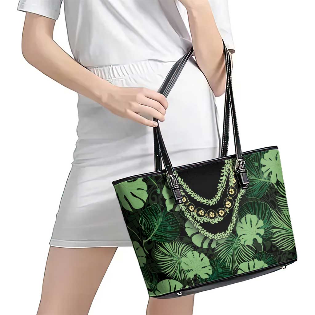 Green Hawaii Kukui Nut Lei Leather Tote Bag Hawaiian Pattern Monstera Tropical Vibes - Polynesian Pride
