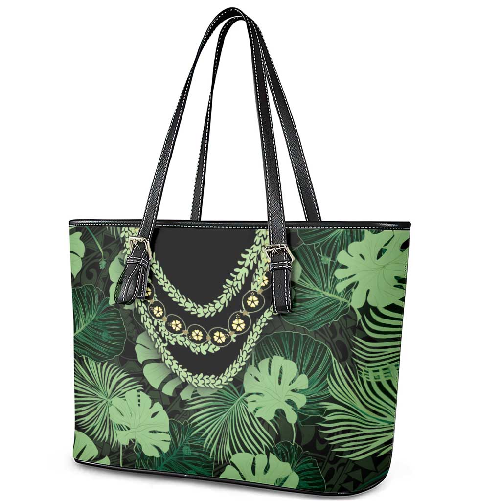 Green Hawaii Kukui Nut Lei Leather Tote Bag Hawaiian Pattern Monstera Tropical Vibes - Polynesian Pride