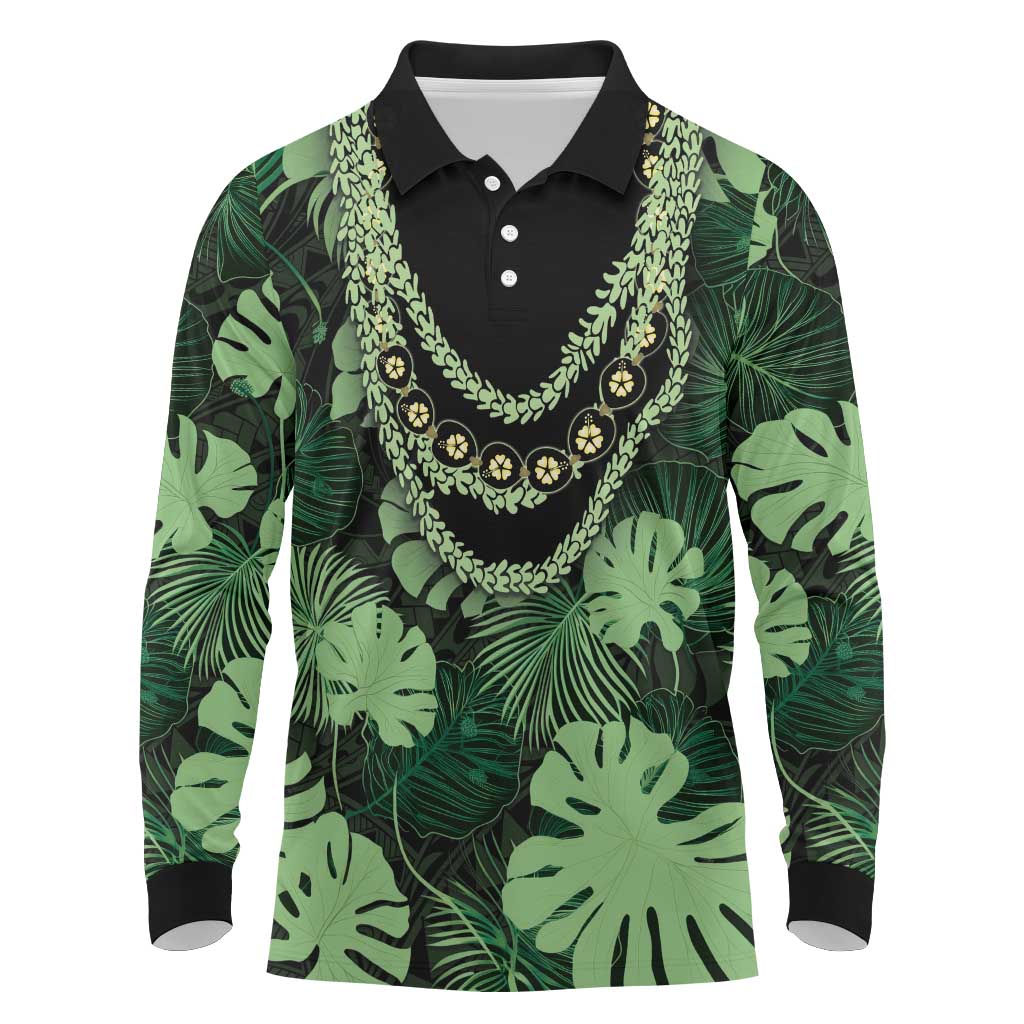 Green Hawaii Kukui Nut Lei Long Sleeve Polo Shirt Hawaiian Pattern Monstera Tropical Vibes - Polynesian Pride