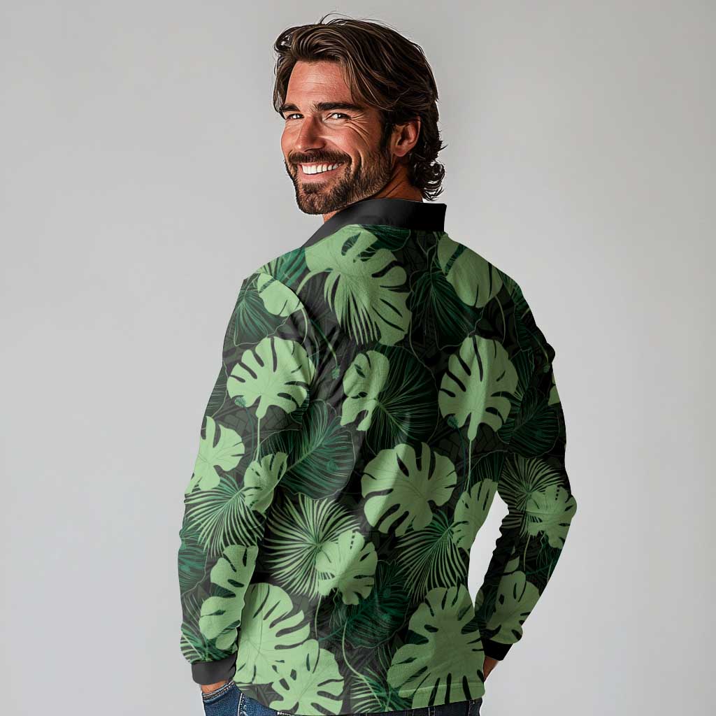 Green Hawaii Kukui Nut Lei Long Sleeve Polo Shirt Hawaiian Pattern Monstera Tropical Vibes - Polynesian Pride