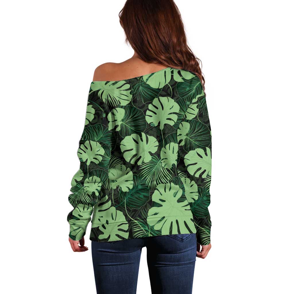 Green Hawaii Kukui Nut Lei Off Shoulder Sweater Hawaiian Pattern Monstera Tropical Vibes - Polynesian Pride
