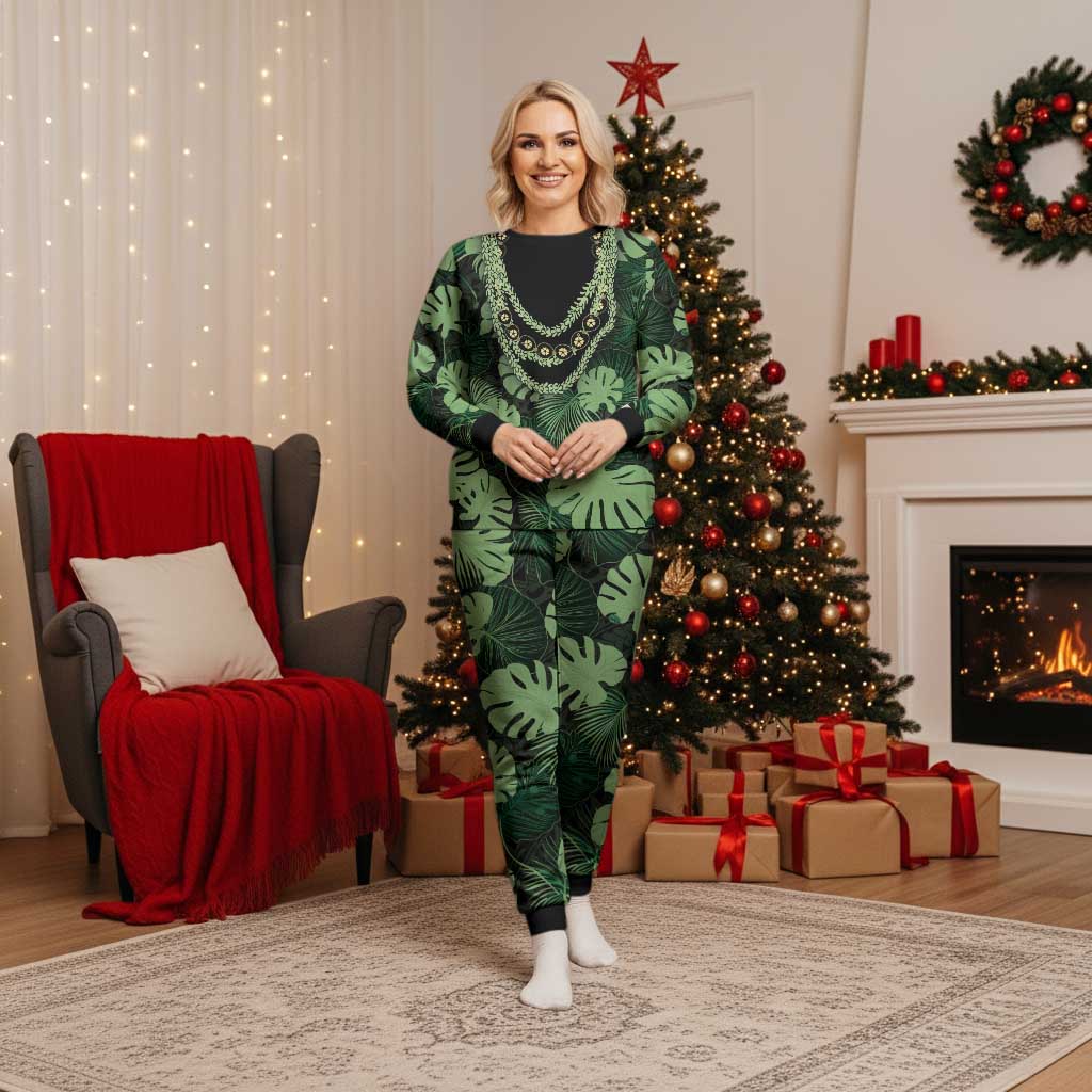 Green Hawaii Kukui Nut Lei Christmas Pajama Set Hawaiian Pattern Monstera Tropical Vibes - Polynesian Pride