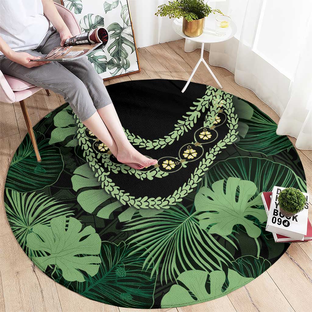 Green Hawaii Kukui Nut Lei Round Carpet Hawaiian Pattern Monstera Tropical Vibes - Polynesian Pride