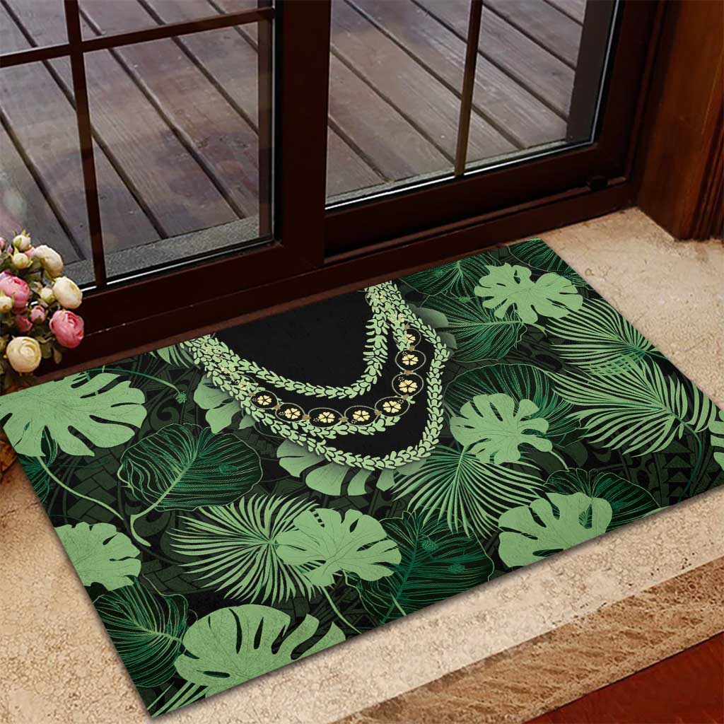 Green Hawaii Kukui Nut Lei Rubber Doormat Hawaiian Pattern Monstera Tropical Vibes - Polynesian Pride