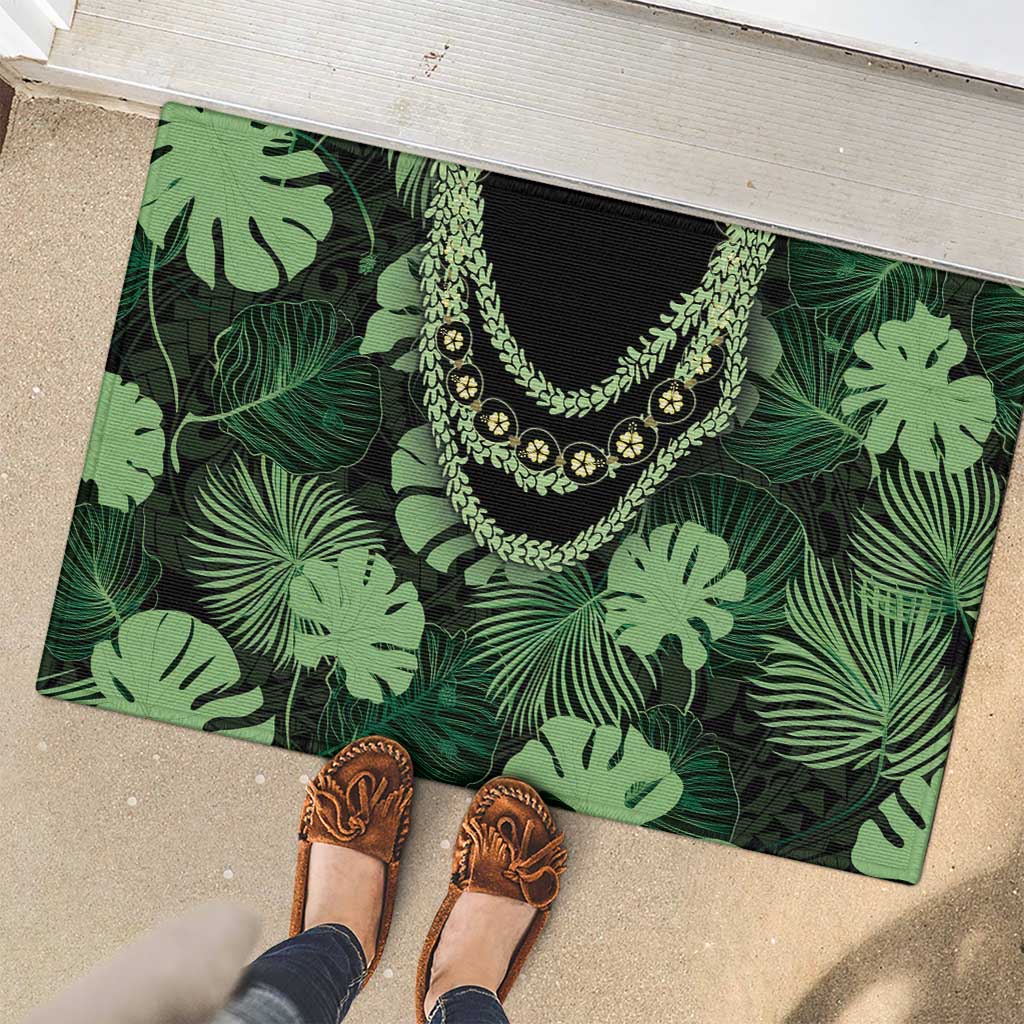 Green Hawaii Kukui Nut Lei Rubber Doormat Hawaiian Pattern Monstera Tropical Vibes - Polynesian Pride
