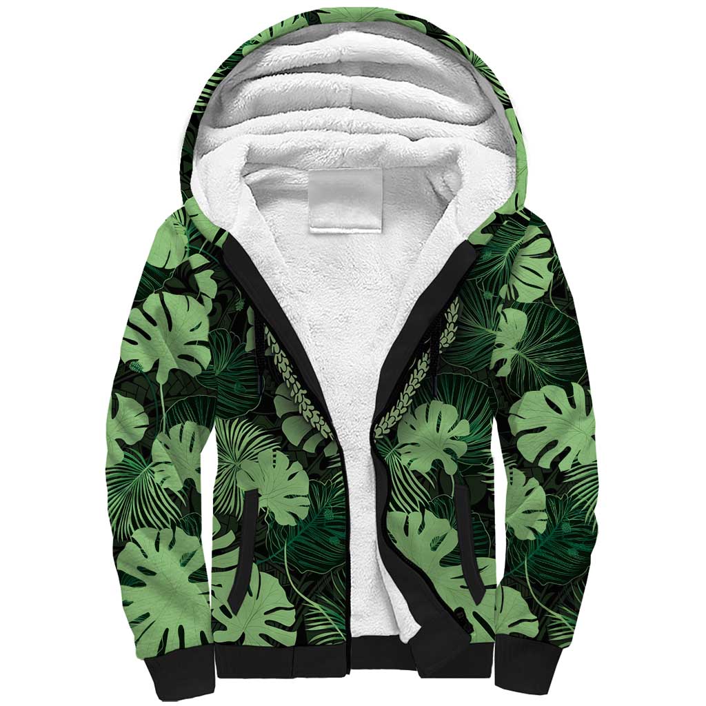 Green Hawaii Kukui Nut Lei Sherpa Hoodie Hawaiian Pattern Monstera Tropical Vibes - Polynesian Pride