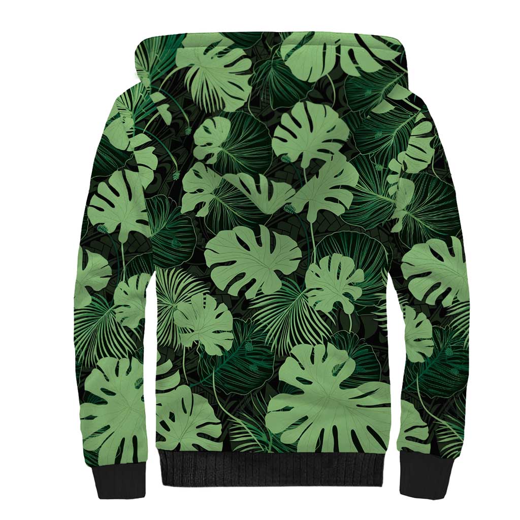 Green Hawaii Kukui Nut Lei Sherpa Hoodie Hawaiian Pattern Monstera Tropical Vibes - Polynesian Pride