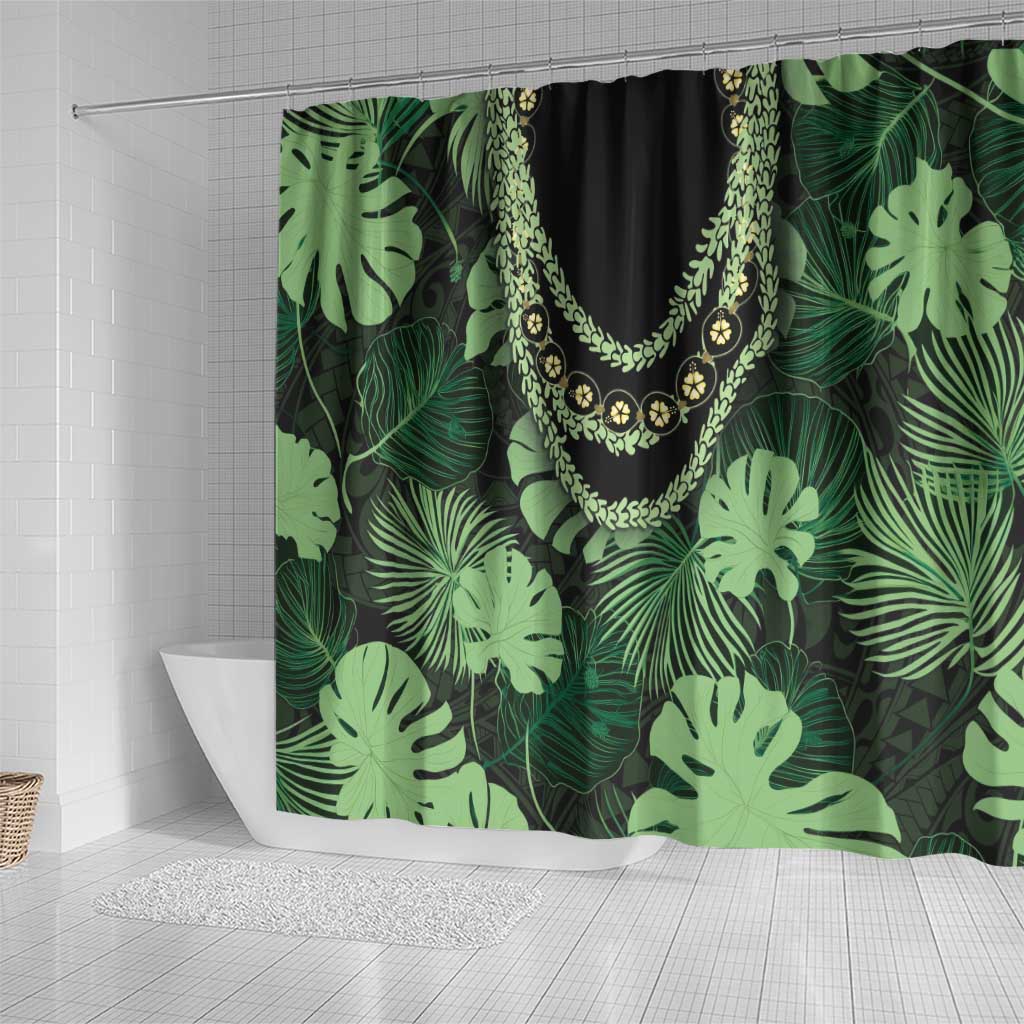 Green Hawaii Kukui Nut Lei Shower Curtain Hawaiian Pattern Monstera Tropical Vibes - Polynesian Pride