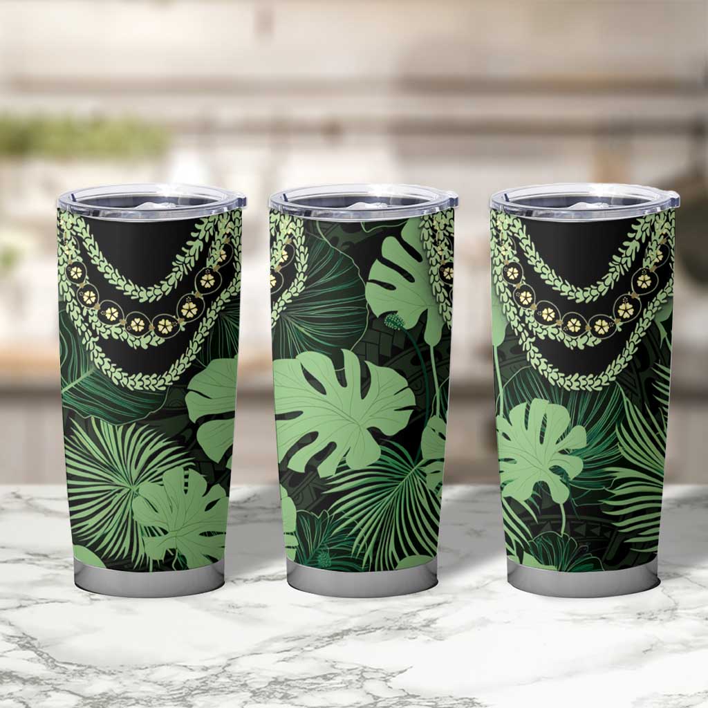 Green Hawaii Kukui Nut Lei Tumbler Cup Hawaiian Pattern Monstera Tropical Vibes - Polynesian Pride