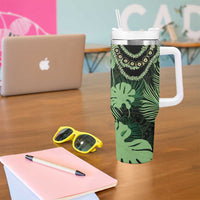 Green Hawaii Kukui Nut Lei Tumbler With Handle Hawaiian Pattern Monstera Tropical Vibes - Polynesian Pride