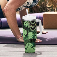 Green Hawaii Kukui Nut Lei Tumbler With Handle Hawaiian Pattern Monstera Tropical Vibes - Polynesian Pride
