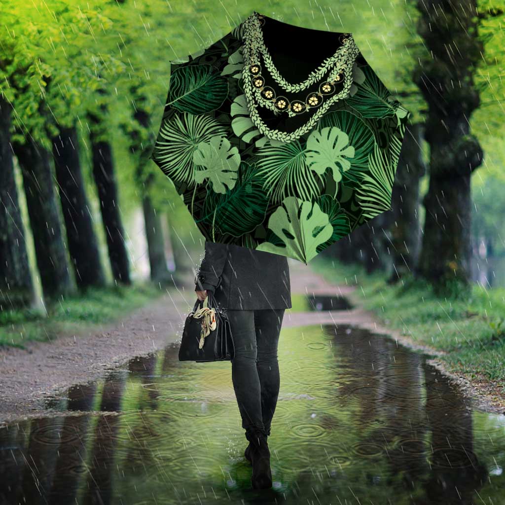 Green Hawaii Kukui Nut Lei Umbrella Hawaiian Pattern Monstera Tropical Vibes - Polynesian Pride