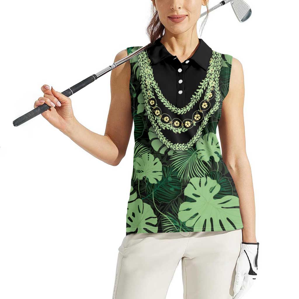 Green Hawaii Kukui Nut Lei Women Sleeveless Polo Shirt Hawaiian Pattern Monstera Tropical Vibes - Polynesian Pride