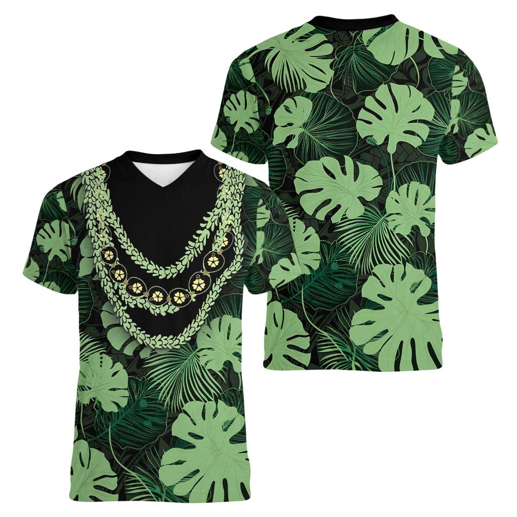 Green Hawaii Kukui Nut Lei Women V-Neck T-Shirt Hawaiian Pattern Monstera Tropical Vibes - Polynesian Pride